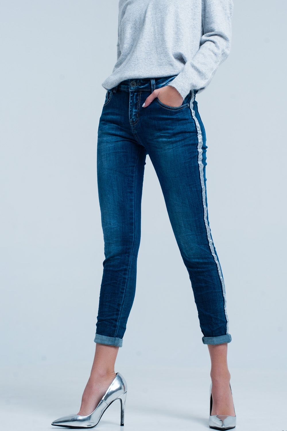 Jean Skinny à Bande Argentée