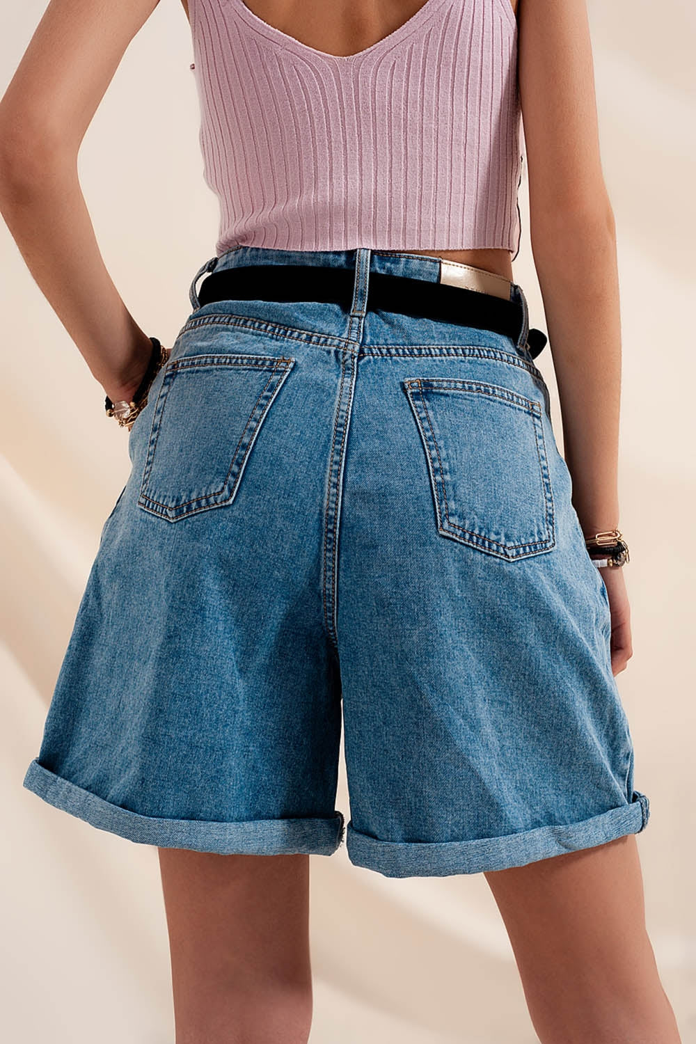 High-waisted blue denim shorts