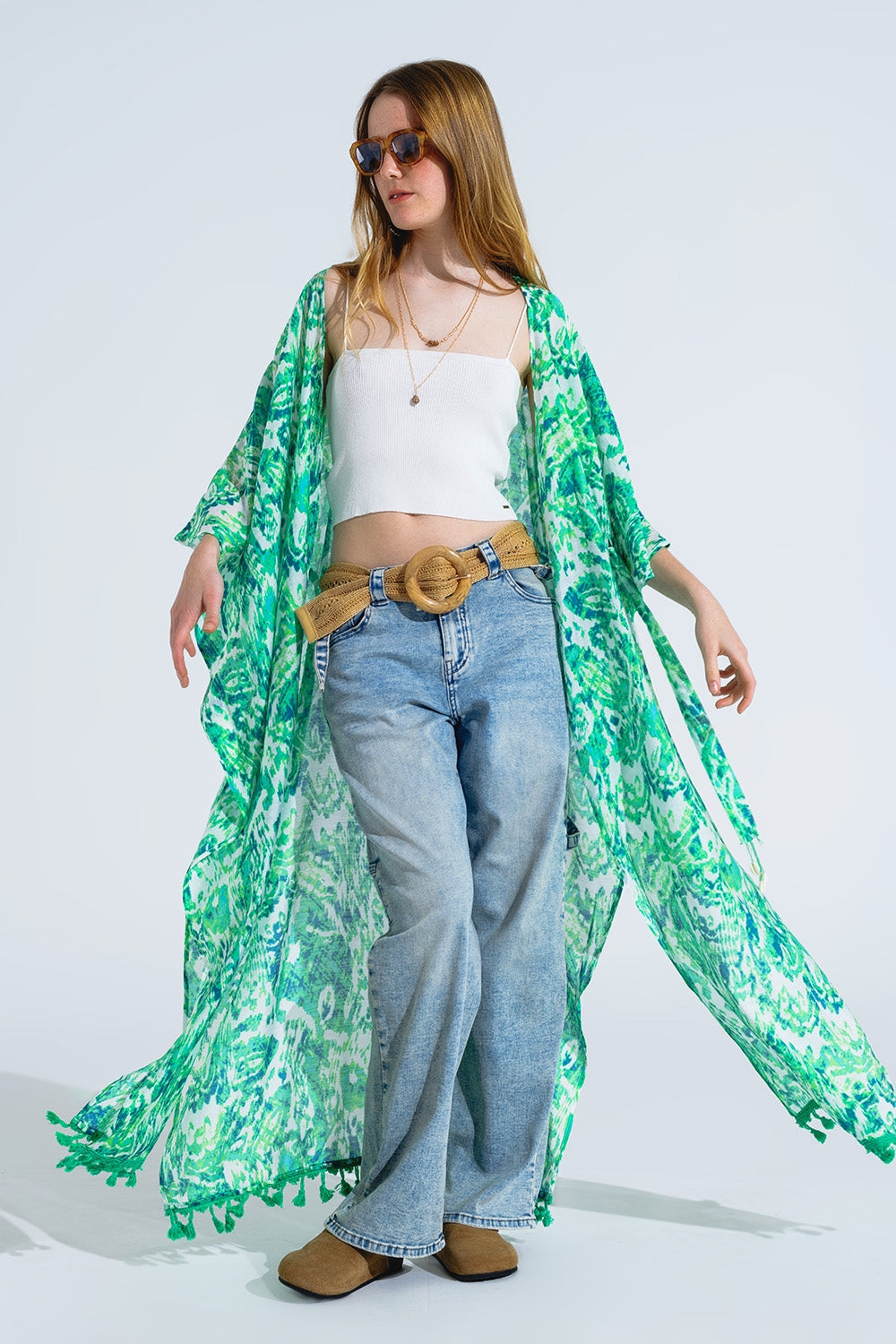 Long green bohemian kimono. Loose and flowing cut, long sleeves, perfect for holidays