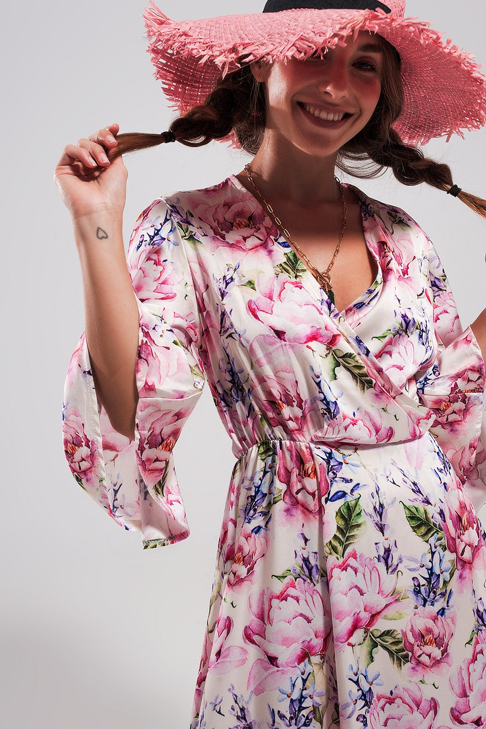 Pink floral boho maxi dress with side slit