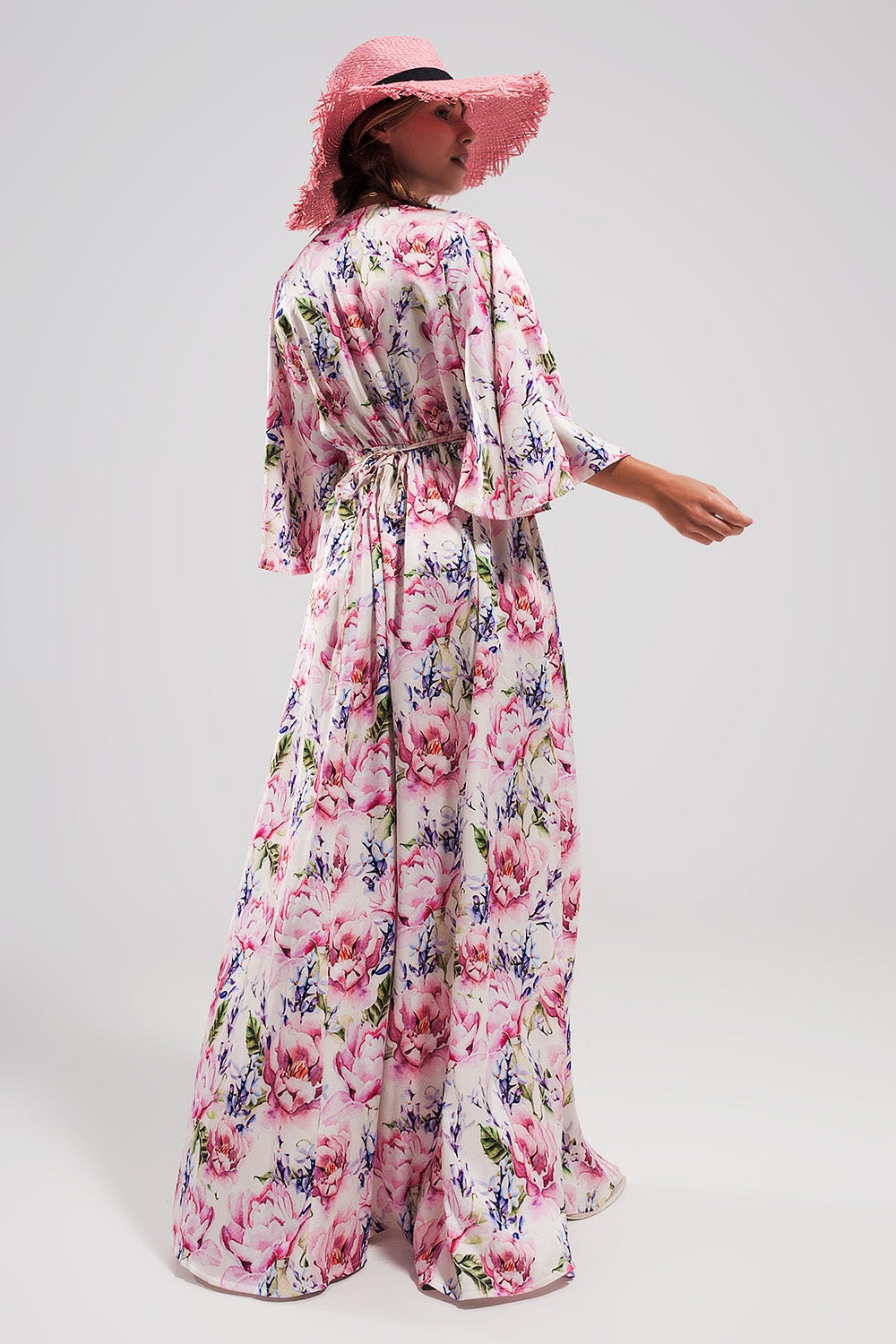 Pink floral boho maxi dress with side slit, three-quarter sleeves, V-neck, wrap cut, ceremonial dress.