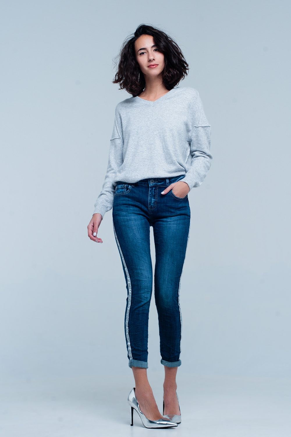 Jean Skinny à Bande Argentée