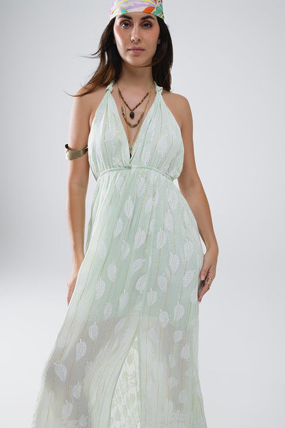 Mint green boho dress, long summer bohemian dress with halter neckline and elastic waist, color very light mint green.