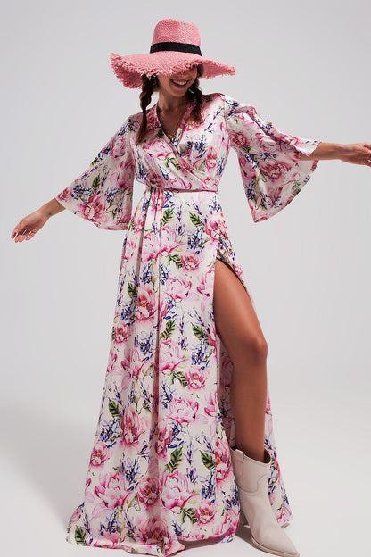 Robe boheme, manches trois-quarts, col en V, coupe portefeuille, robe de cérémonie.