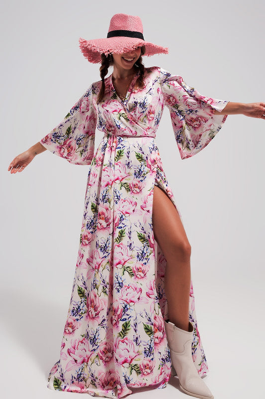 Robe boheme, manches trois-quarts, col en V, coupe portefeuille, robe de cérémonie.