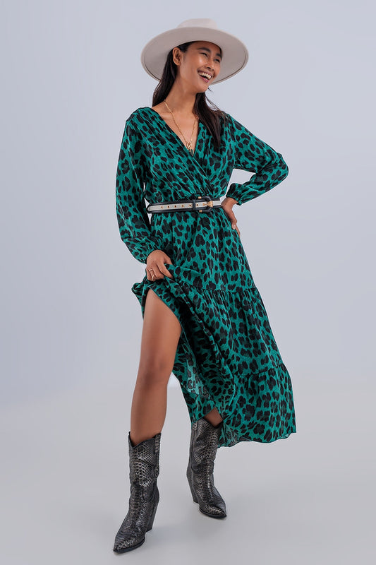 Robe moderne à col en V, imprimé animal noir et vert. Style bohème.