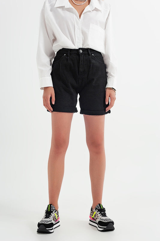 Short noir à taille haute 100% coton, short en denim noir.