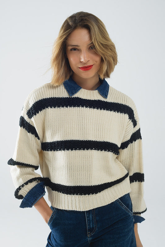 Pull Beige à Rayures Noires