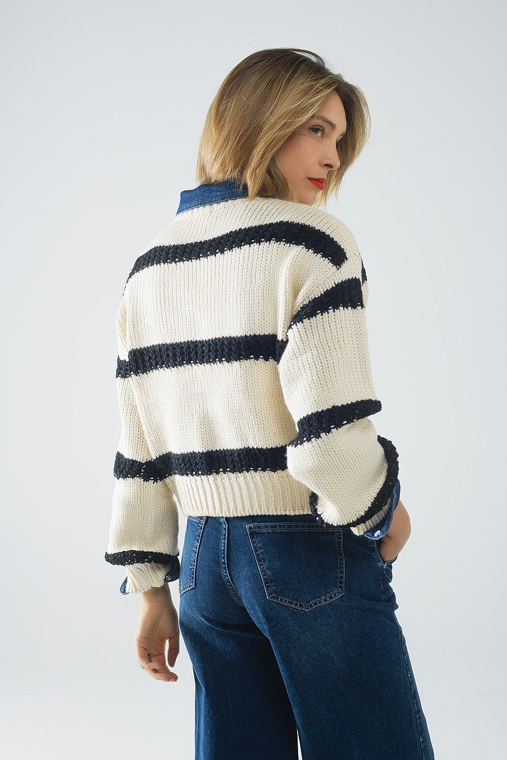 Beige Sweater with Black Stripes