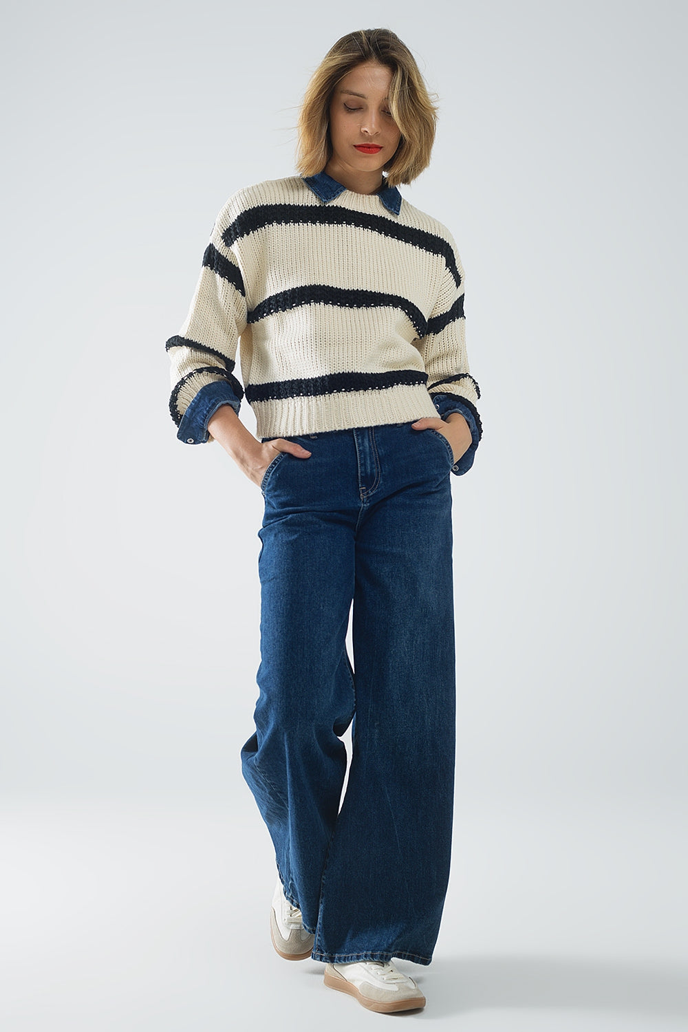 Beige Sweater with Black Stripes