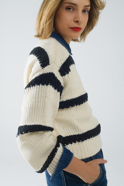 Beige Sweater with Black Stripes